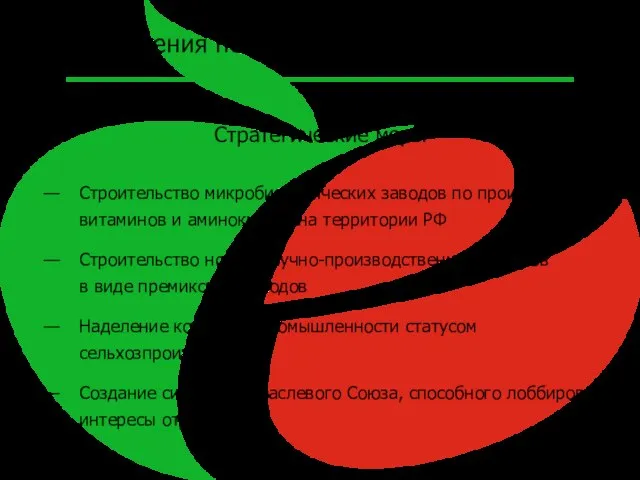 Предложения по оптимизации работы отрасли Стратегические меры Строительство микробиологических заводов по производству