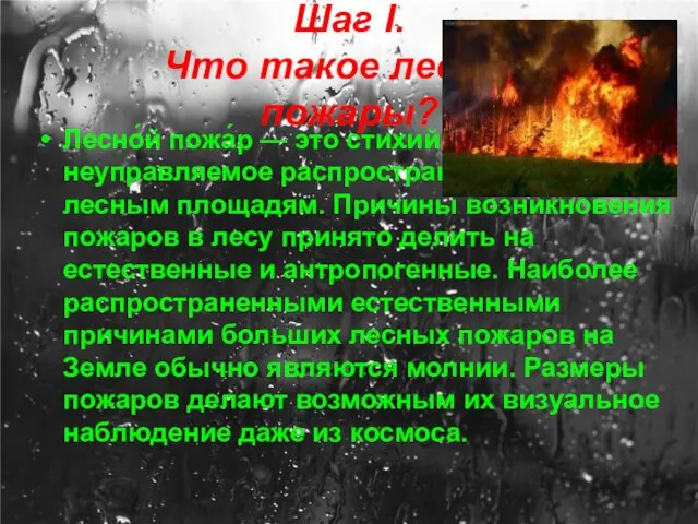 Шаг I. Что такое лесные пожары? Лесно́й пожа́р — это стихийное, неуправляемое