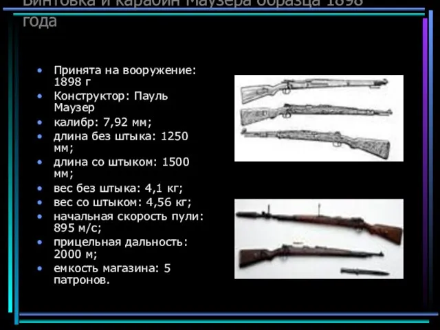 Винтовка и карабин Маузера образца 1898 года Принята на вооружение: 1898 г