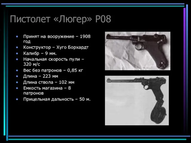 Пистолет «Люгер» P08 Принят на вооружение – 1908 год Конструктор – Хуго