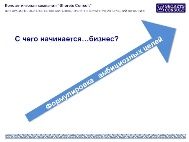 Формулировка амбициозных целей С чего начинается…бизнес? Консалтинговая компания "Shorets Consult" КОРПОРАТИВНОЕ ОБУЧЕНИЕ