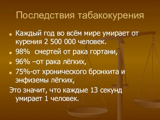 Последствия табакокурения Каждый год во всём мире умирает от курения 2 500