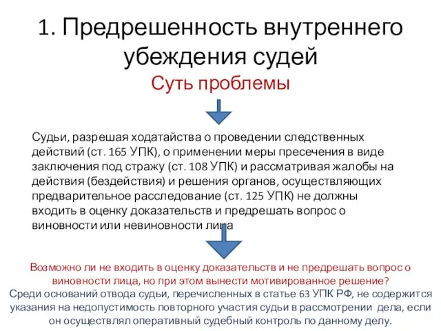 1. Предрешенность внутреннего убеждения судей Суть проблемы Судьи, разрешая ходатайства о проведении