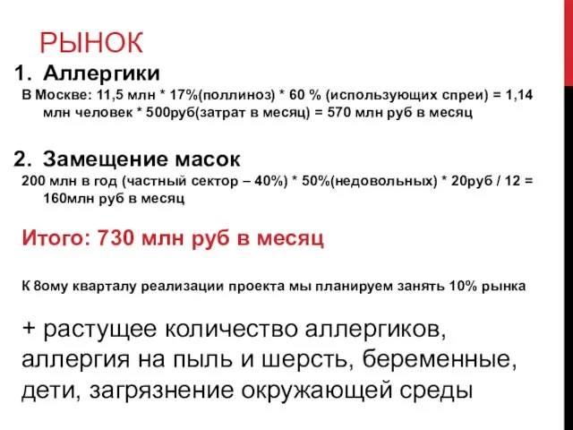 РЫНОК Аллергики В Москве: 11,5 млн * 17%(поллиноз) * 60 % (использующих
