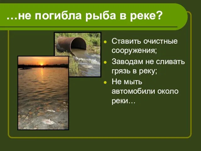 …не погибла рыба в реке? Ставить очистные сооружения; Заводам не сливать грязь