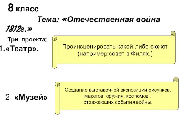 8 класс Тема: «Отечественная война 1812г.» Три проекта: «Театр». 2. «Музей» Проинсценировать