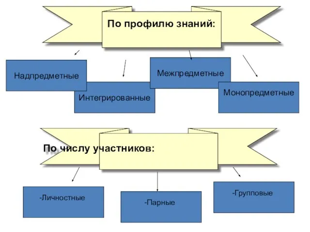 По профилю знаний: Интегрированные Надпредметные Межпредметные Монопредметные Личностные Парные Групповые По числу участников: