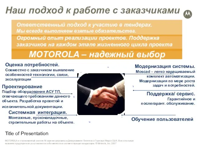 Title of Presentation Оценка потребностей. Совместно с заказчиком выявление особенностей технологии, связи,