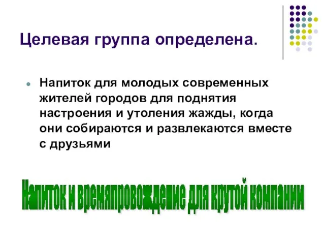 Целевая группа определена. Напиток для молодых современных жителей городов для поднятия настроения