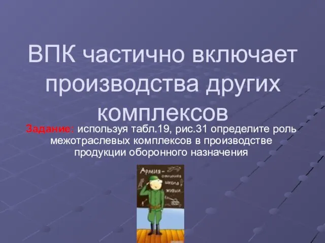 ВПК частично включает производства других комплексов Задание: используя табл.19, рис.31 определите роль