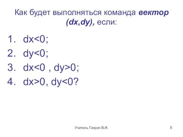 Как будет выполняться команда вектор(dx,dy), если: dx dy dx 0; dx>0, dy Учитель Гаврик В.И.