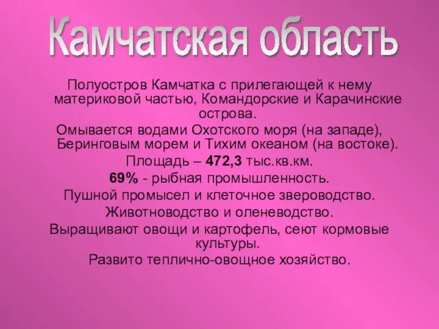 Полуостров Камчатка с прилегающей к нему материковой частью, Командорские и Карачинские острова.