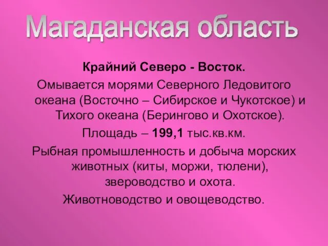 Крайний Северо - Восток. Омывается морями Северного Ледовитого океана (Восточно – Сибирское