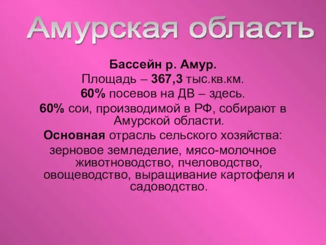 Бассейн р. Амур. Площадь – 367,3 тыс.кв.км. 60% посевов на ДВ –