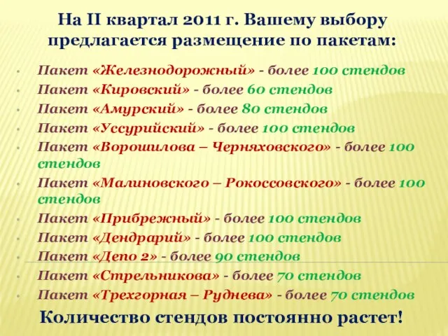 На II квартал 2011 г. Вашему выбору предлагается размещение по пакетам: Пакет