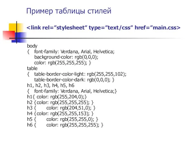 Пример таблицы стилей body { font-family: Verdana, Arial, Helvetica; background-color: rgb(0,0,0); color: