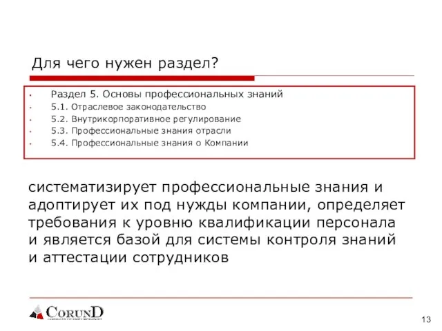 Для чего нужен раздел? Раздел 5. Основы профессиональных знаний 5.1. Отраслевое законодательство