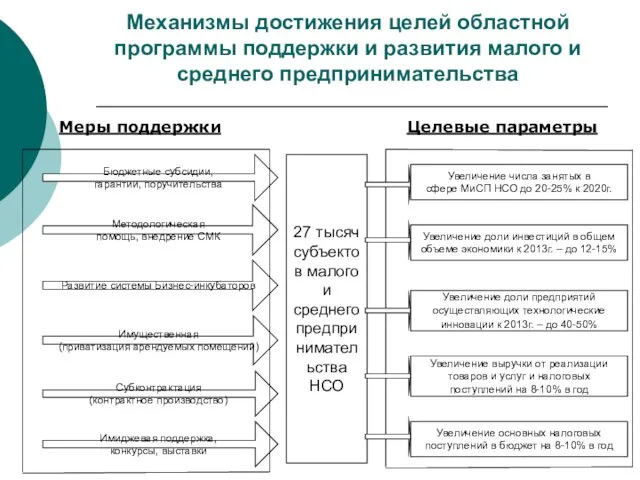 Механизмы достижения целей областной программы поддержки и развития малого и среднего предпринимательства