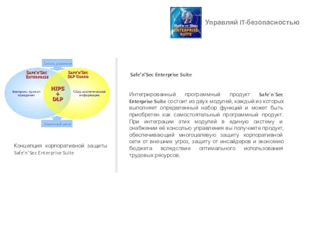 Управляй IT-безопасностью Safe’n’Sec Enterprise Suite Интегрированный программный продукт Safe`n`Sec Enterprise Suite состоит