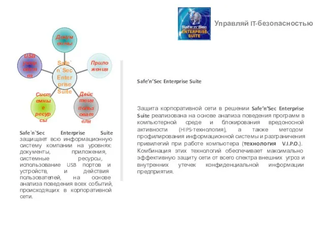 Управляй IT-безопасностью Safe’n’Sec Enterprise Suite Safe`n`Sec Enterprise Suite защищает всю информационную систему