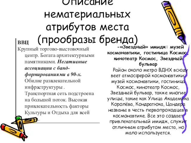 Описание нематериальных атрибутов места (прообразы бренда) -«Звездный» имидж: музей космонавтики, гостиница Космос,