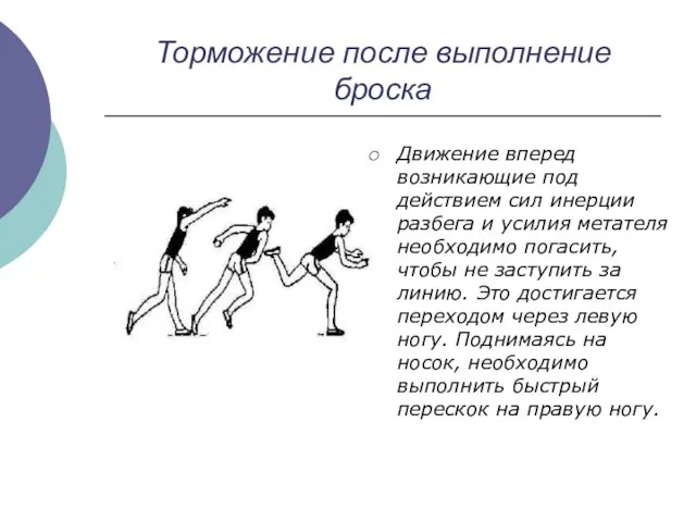 Торможение после выполнение броска Движение вперед возникающие под действием сил инерции разбега