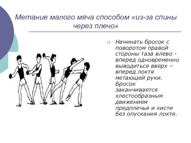 Метание малого мяча способом «из-за спины через плечо» Начинать бросок с поворотом