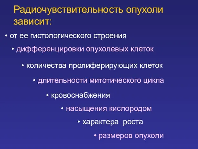 Радиочувствительность опухоли зависит: от ее гистологического строения дифференцировки опухолевых клеток количества пролиферирующих