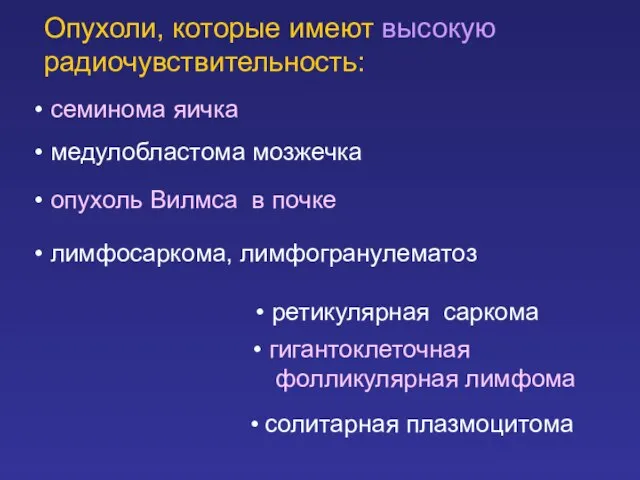 Опухоли, которые имеют высокую радиочувствительность: семинома яичка медулобластома мозжечка опухоль Вилмса в