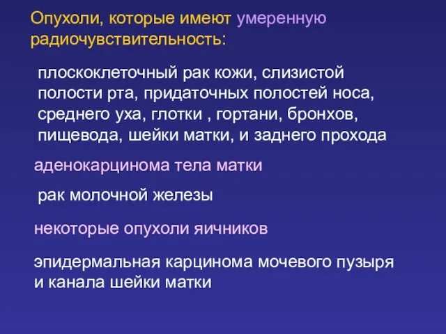 Опухоли, которые имеют умеренную радиочувствительность: плоскоклеточный рак кожи, слизистой полости рта, придаточных