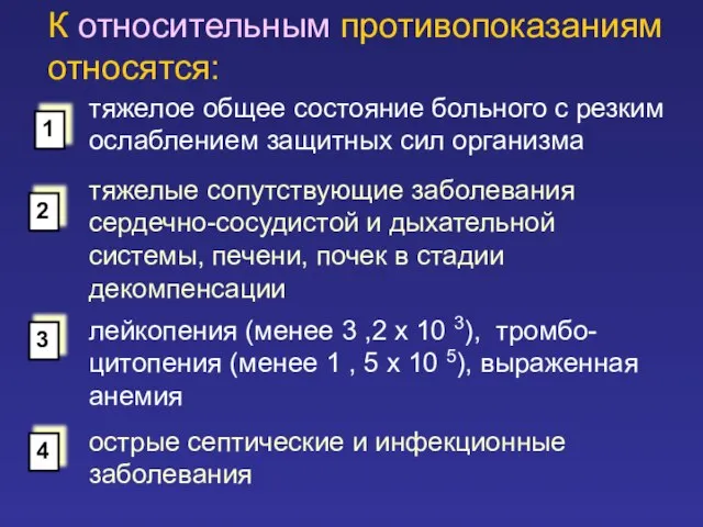 К относительным противопоказаниям относятся: тяжелое общее состояние больного с резким ослаблением защитных