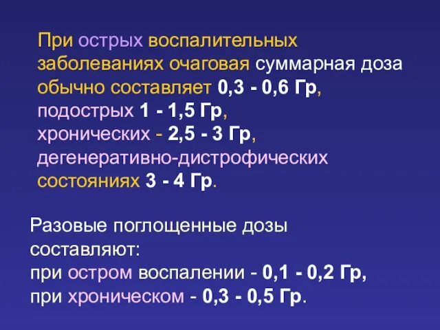 При острых воспалительных заболеваниях очаговая суммарная доза обычно составляет 0,3 - 0,6