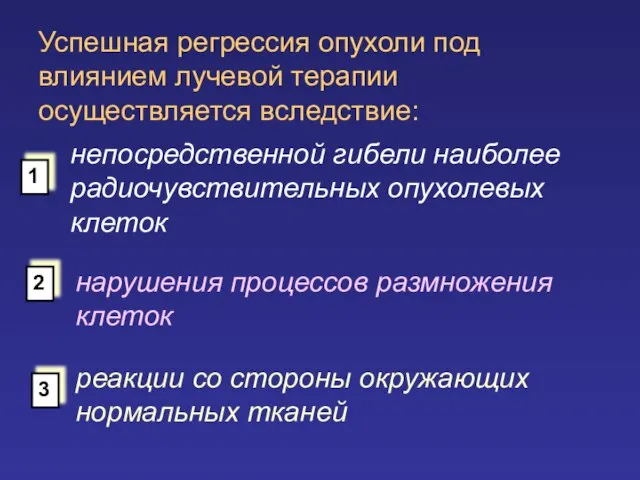 Успешная регрессия опухоли под влиянием лучевой терапии осуществляется вследствие: непосредственной гибели наиболее