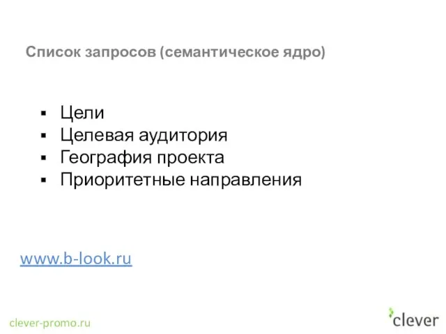 clever-promo.ru www.b-look.ru Список запросов (семантическое ядро) Цели Целевая аудитория География проекта Приоритетные направления