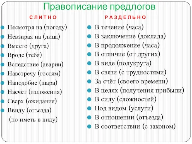 Правописание предлогов Несмотря на (погоду) Невзирая на (лица) Вместо (друга) Вроде (тебя)