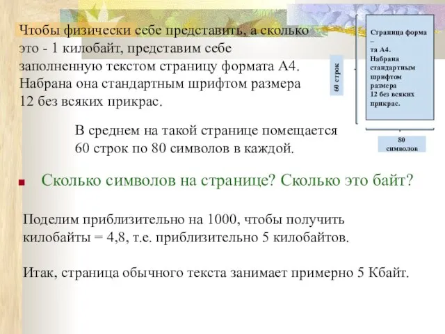 Чтобы физически себе представить, а сколько это - 1 килобайт, представим себе