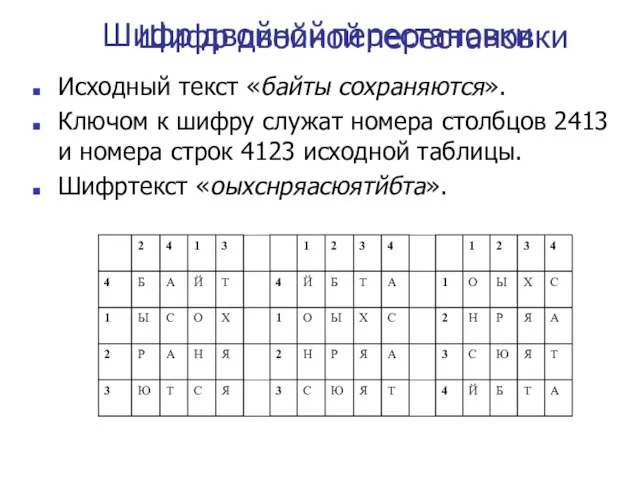 Шифр двойной перестановки Исходный текст «байты сохраняются». Ключом к шифру служат номера