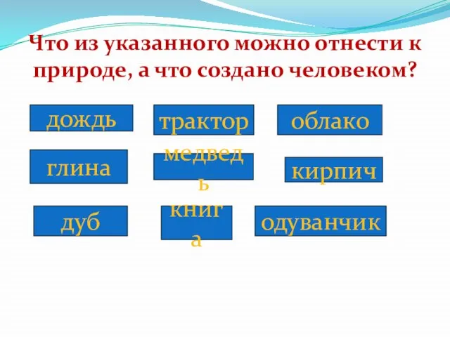 дождь медведь облако одуванчик глина дуб книга кирпич трактор Что из указанного