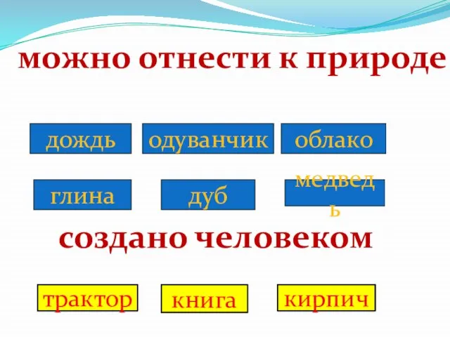 дождь медведь облако одуванчик глина дуб книга кирпич трактор можно отнести к природе создано человеком