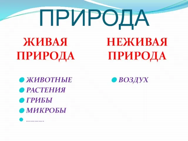 ПРИРОДА ЖИВАЯ ПРИРОДА НЕЖИВАЯ ПРИРОДА ЖИВОТНЫЕ РАСТЕНИЯ ГРИБЫ МИКРОБЫ …………. ВОЗДУХ