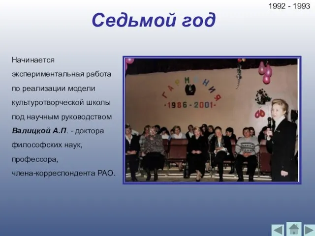 Седьмой год Начинается экспериментальная работа по реализации модели культуротворческой школы под научным