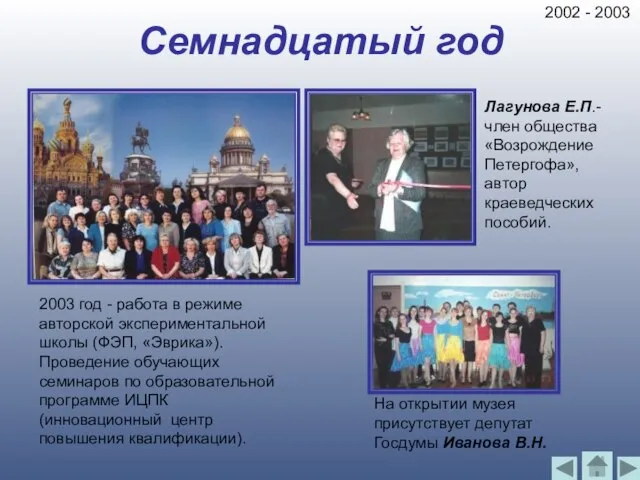 Семнадцатый год 2003 год - работа в режиме авторской экспериментальной школы (ФЭП,