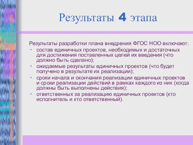 Результаты 4 этапа Результаты разработки плана внедрения ФГОС НОО включают: состав единичных