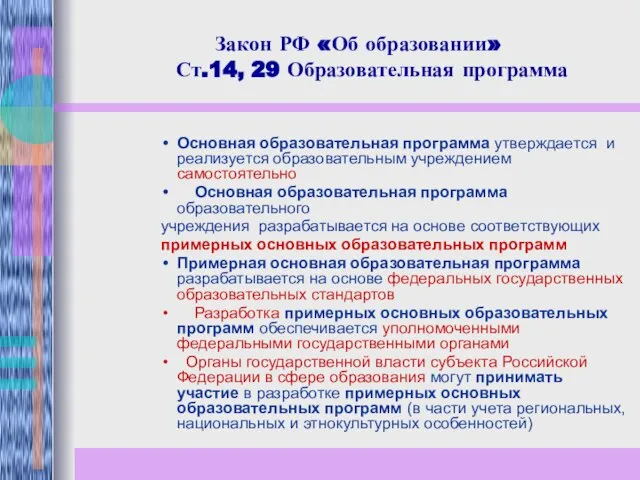 Закон РФ «Об образовании» Ст.14, 29 Образовательная программа Основная образовательная программа утверждается