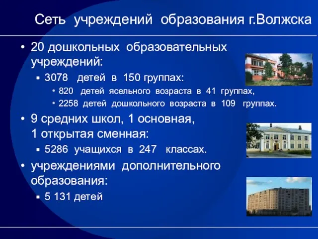 Сеть учреждений образования г.Волжска 20 дошкольных образовательных учреждений: 3078 детей в 150
