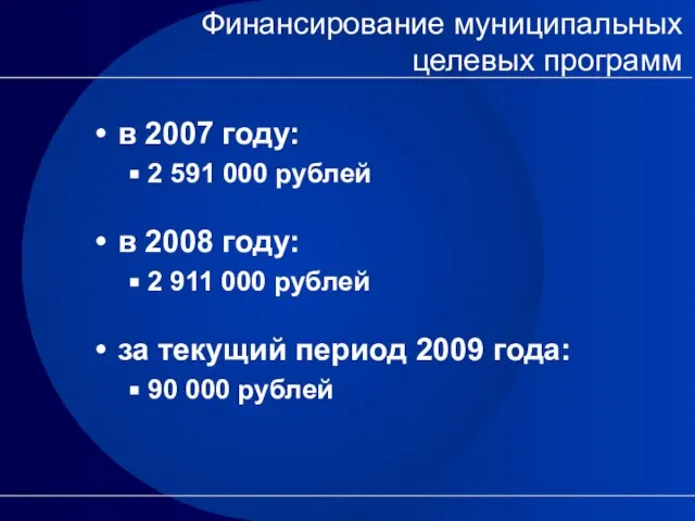 Финансирование муниципальных целевых программ в 2007 году: 2 591 000 рублей в