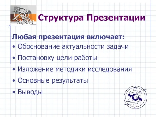 Структура Презентации Любая презентация включает: Обоснование актуальности задачи Постановку цели работы Изложение