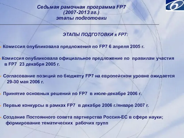 Седьмая рамочная программа FP7 (2007-2013 гг.) этапы подготовки ЭТАПЫ ПОДГОТОВКИ к FP7: