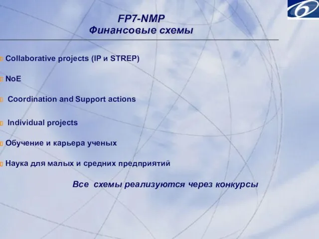 FP7-NMP Финансовые схемы Collaborative projects (IP и STREP) NoE Coordination and Support