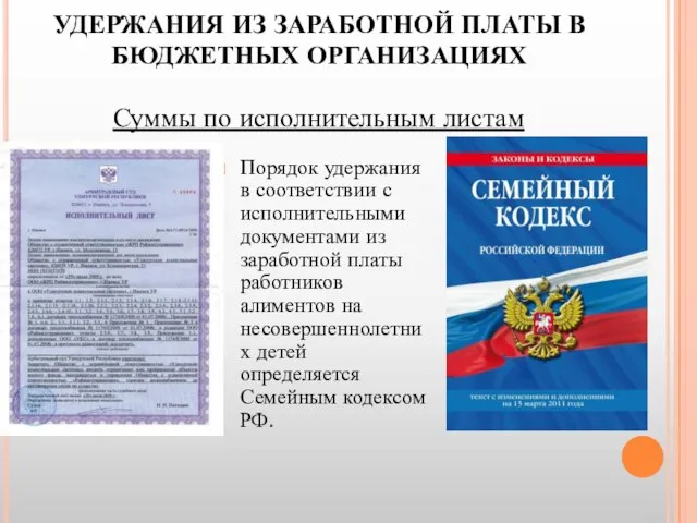 УДЕРЖАНИЯ ИЗ ЗАРАБОТНОЙ ПЛАТЫ В БЮДЖЕТНЫХ ОРГАНИЗАЦИЯХ Порядок удержания в соответствии с